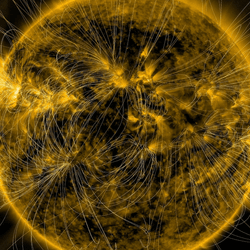 A depiction of the Sun’s magnetic fields is overlaid on an image of the Sun captured in extreme ultraviolet light by NASA’s Solar Dynamics Observatory on March 12, 2016. 