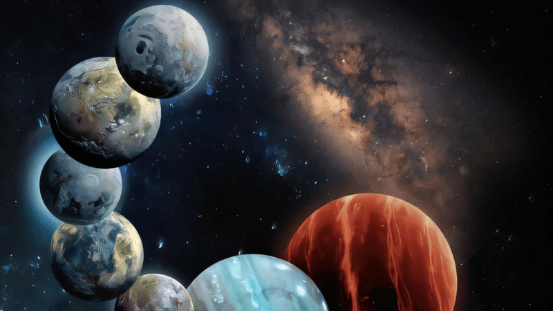 artist impression of many different worlds of different sized next to each other. Thge milky way as seen from earth is in the background
