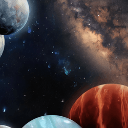 artist impression of many different worlds of different sized next to each other. Thge milky way as seen from earth is in the background