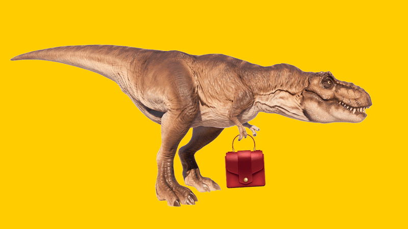 t rex on yellow background holding a red handbag