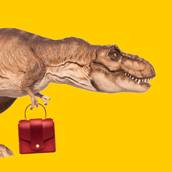 t rex on yellow background holding a red handbag