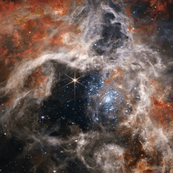 wispy clouds of different colours open around a middle central region where many bright stars are clearing our the gas