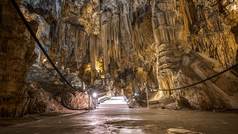 Huge cavern filled with stalactites and stalagmites with a lit pathway with roped edges.