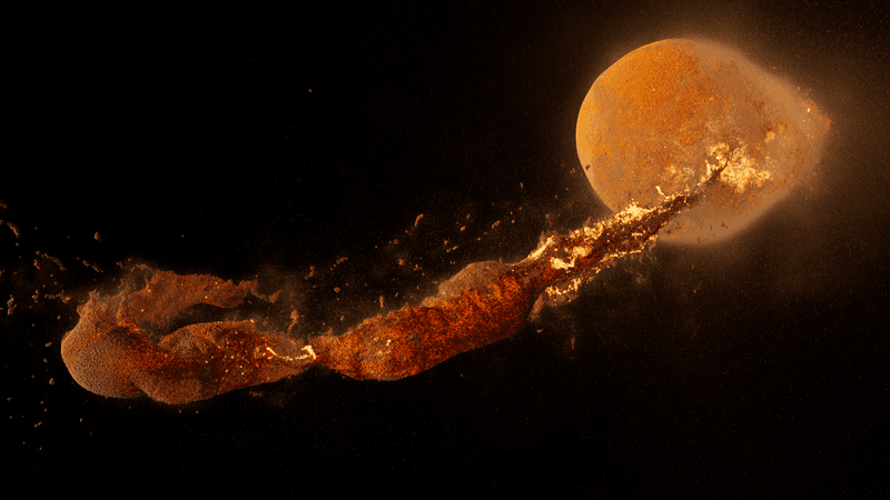 screenshot of a simulation showing an early earth releasing globs of material followiing an impact. They eventually coalsced into the Moon