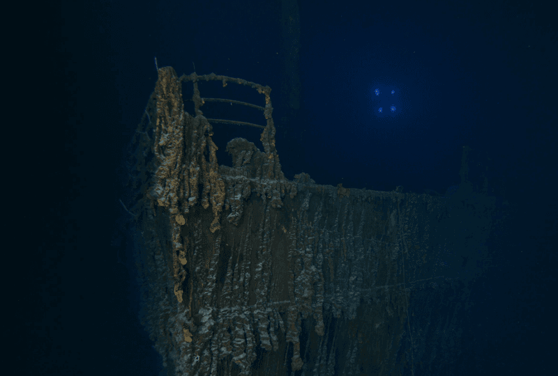 The bow of the Titanic shipwreck photographed in 2024.