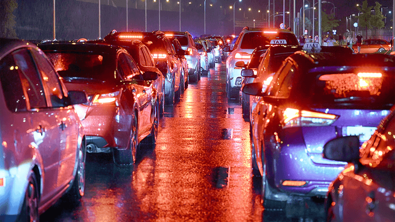 A traffic jam at night.