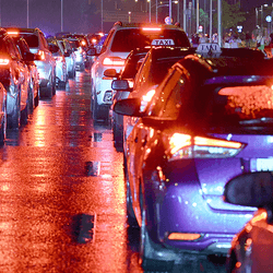 A traffic jam at night.