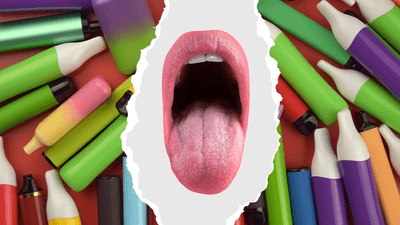 isolated image of a mouth with a tongue sticking out, against a background of lots of colorful vape pens
