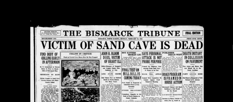 The front page of the Bismarck Tribune newspaper of North Dakota on February 16, 1925. 