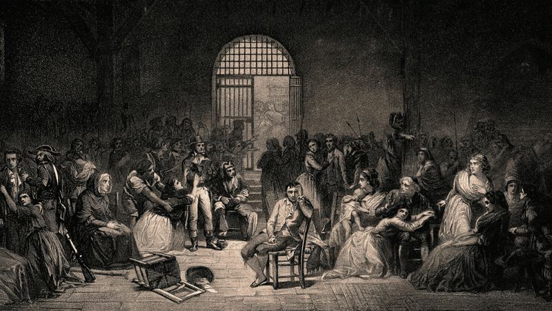 Black and White etching: During the French Revolution, a prisoner sits in the middle of a crowded prison room as a woman nearby pleads with an official. Aquatint and etching by A. Riffaut after Ch. Muller. 