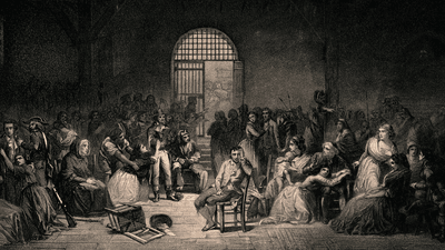 Black and White etching: During the French Revolution, a prisoner sits in the middle of a crowded prison room as a woman nearby pleads with an official. Aquatint and etching by A. Riffaut after Ch. Muller. 