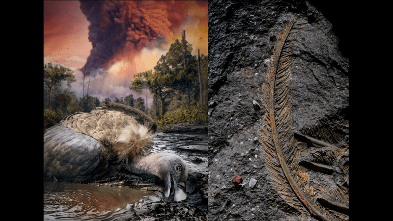 ‘The Doom of the Alban Hills’ a digital painting representing a possible scenario of the moments before the vulture carcass was entombed in the pyroclastic current. Next to a photo of the fossilized feather preserved with the volcanic rock.