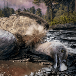 ‘The Doom of the Alban Hills’ a digital painting representing a possible scenario of the moments before the vulture carcass was entombed in the pyroclastic current. Next to a photo of the fossilized feather preserved with the volcanic rock.