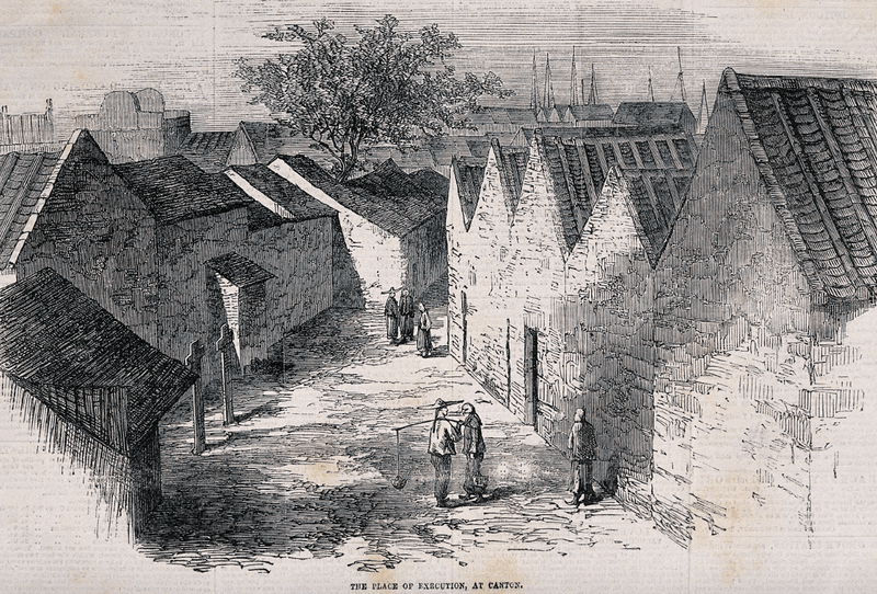 A woodcut engraving created in 1855 showing where people in Guangzhou were executed during the Taiping Rebellion.
